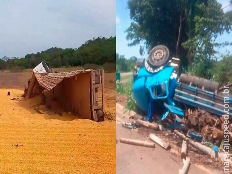 Carreta tomba em rotatória e grãos ficam espalhados pela via na MS-382