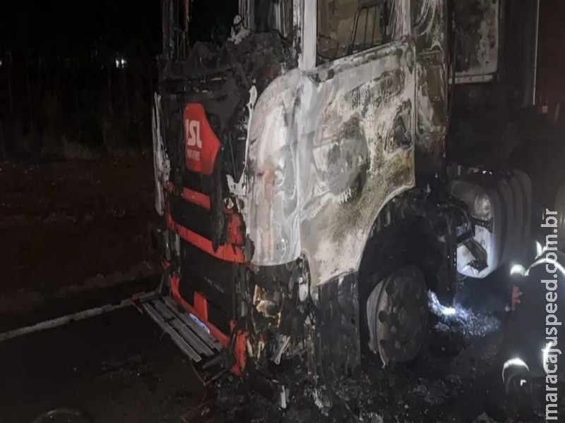 Fogo destrói carreta com eucalipto na MS-377