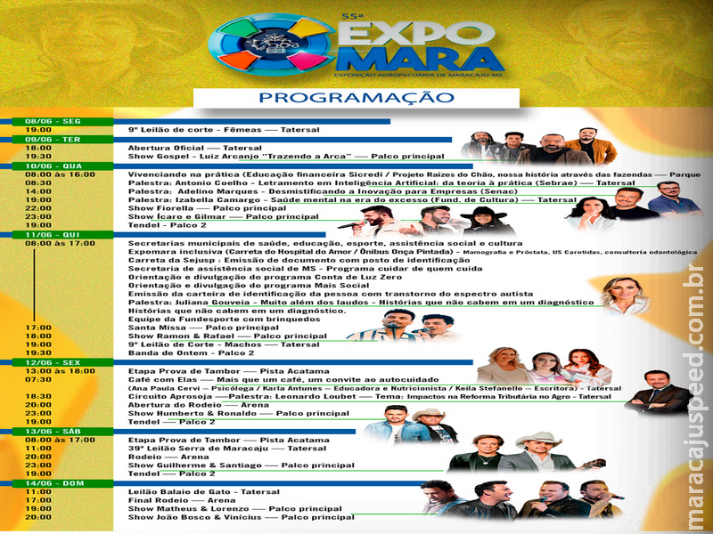 Confira a grade completa de shows, palestras e leilões da 55ª Expomara de Maracaju