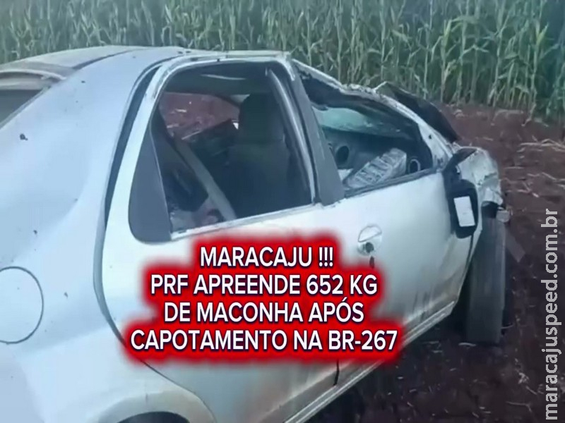 PRF encontra carro furtado capotado com 652 kg de maconha na BR-267 em Maracaju