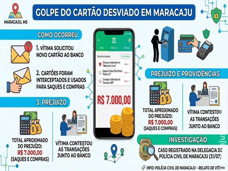 Homem tem cartão de crédito/débito desviado e sofre prejuízo de R$ 7 mil em golpe em Maracaju