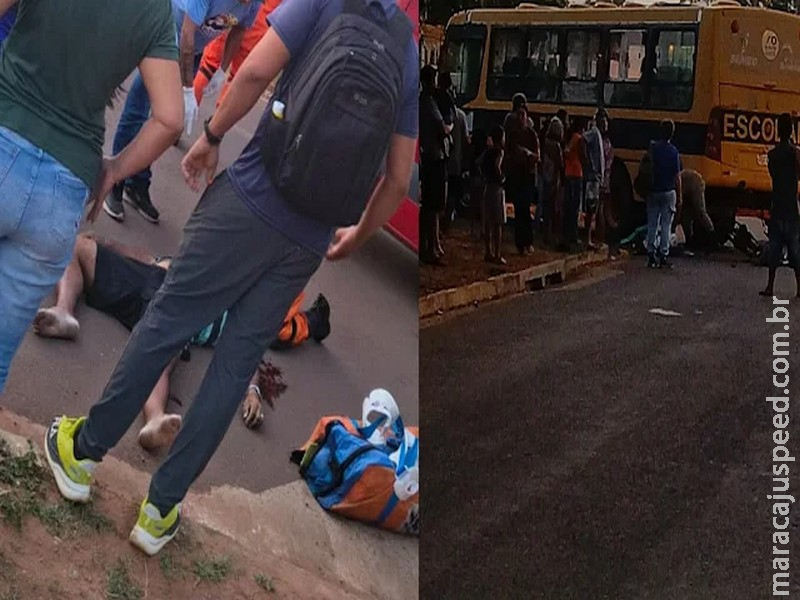 Avô e neta ficam gravemente feridos após bicicleta elétrica bater em ônibus escolar em Anastácio