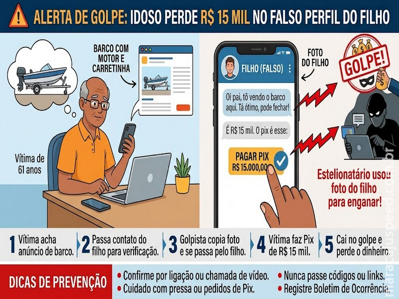 Maracaju: Idoso de 61 anos perde R$ 15 mil em golpe do falso perfil do filho durante compra de barco