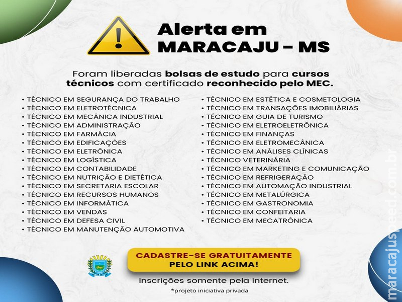 MARACAJU - MS ABERTAS AS INSCRIÇÕES PARA CURSOS TÉCNICOS