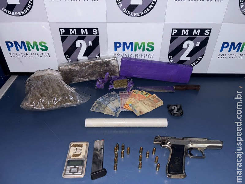 PM de Caarapó apreende pistola israelense 9mm e drogas após denúncias de tiros na área urbana